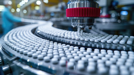 Pharmaceutical production line: medical vials and tablets manufacturing, automated process of drug production in modern pharmaceutical facilities, ensuring quality and efficiency.の素材