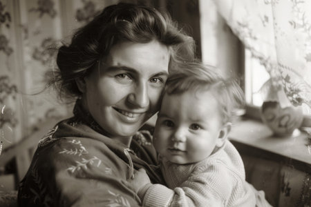 Reminiscing love, black and white photos nostalgic memories of a loving family, glimpse into the past, tender moments between a mom and her baby, heartfelt emotions.の素材