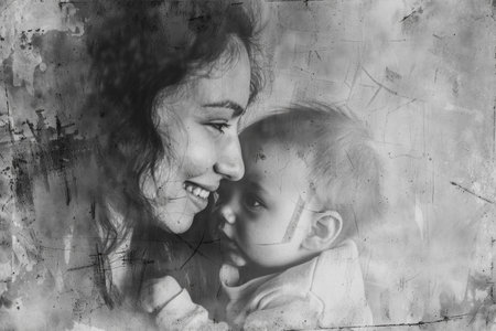 Reminiscing love, black and white photos nostalgic memories of a loving family, glimpse into the past, tender moments between a mom and her baby, heartfelt emotions.の素材
