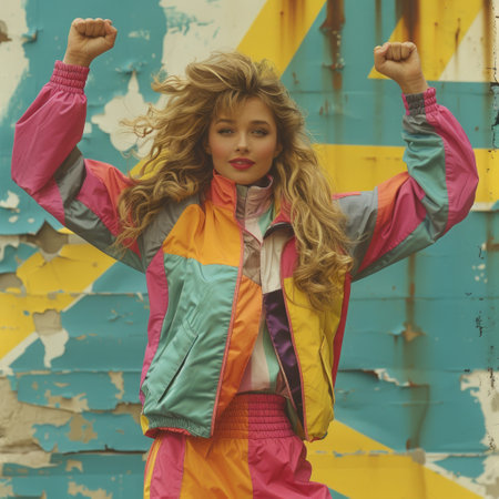 Retro chic, lifestyle 80s visual trend fashion in vibrant imagery.の素材