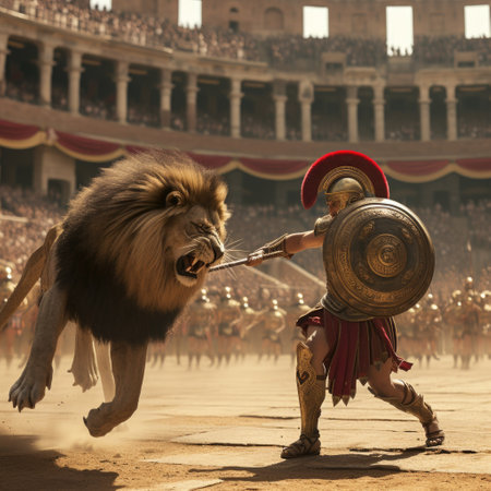 Gladiator in coliseum: fierce warrior in iconic roman arena, epitome of ancient combat, historical spectacle in majestic rome, dramatic portrayal of bravery and valor.の素材