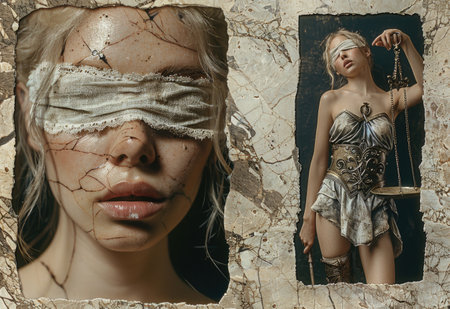 Themis symbolic justice, collage lady justice, representing law, fairness, and equality, a powerful symbol of judicial integrity and the balance of legal principles in society fabricの素材