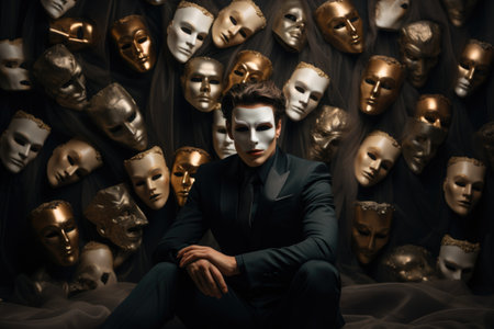 Fake emotion, character roles, intricate interplay of masks, moods, psychological defense mechanisms performed role-playing, concealing false visage for defense, theater Psychology psychoanalysis.の素材
