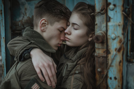 Enduring love: tender moments and unwavering devotion in the embrace of a soldier's heart.の素材