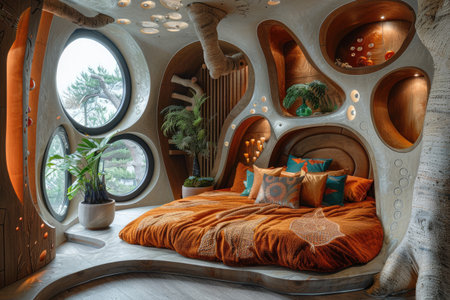 Modern futuristic art nouveau bedroom decor, fusion of timeless elegance and avant-garde design, transforming your sleeping space into a stylish sanctuary that reflects both tradition and innovationの素材