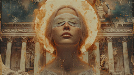 Reinterpretation of lady justice, Themis a collage capturing the essence of legal balance, symbolizing equality and impartiality in a contemporary visual narrative.の素材