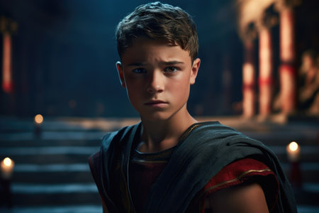 Gladiator in coliseum: fierce warrior in iconic roman arena, epitome of ancient combat, historical spectacle in majestic rome, dramatic portrayal of bravery and valor.の素材