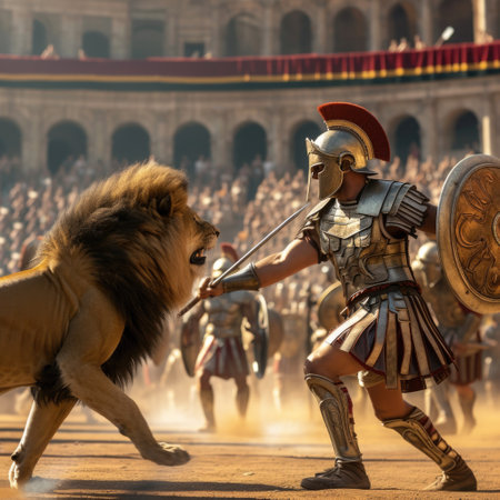 Gladiator in coliseum: fierce warrior in iconic roman arena, epitome of ancient combat, historical spectacle in majestic rome, dramatic portrayal of bravery and valor.の素材