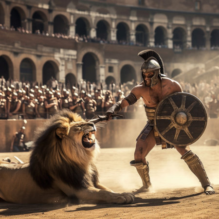 Gladiator in coliseum: fierce warrior in iconic roman arena, epitome of ancient combat, historical spectacle in majestic rome, dramatic portrayal of bravery and valor.の素材