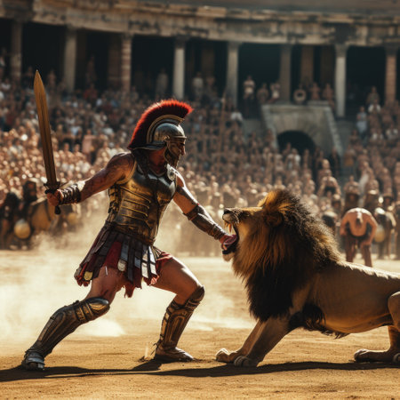 Gladiator in coliseum: fierce warrior in iconic roman arena, epitome of ancient combat, historical spectacle in majestic rome, dramatic portrayal of bravery and valor.の素材