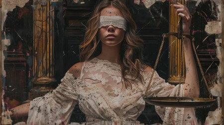 Reinterpretation of lady justice, Themis a collage capturing the essence of legal balance, symbolizing equality and impartiality in a contemporary visual narrative.の素材