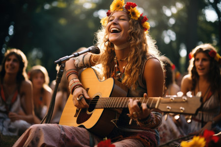 Hippie lifestyle in the 60s 70s, embracing individuality colorful clothing, carefree living, joyful pursuits, wanderlust, rural homesteads, vibrant tapestry of self-expression and communal harmonyの素材