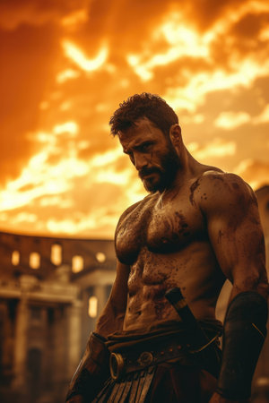 Gladiator in coliseum: fierce warrior in iconic roman arena, epitome of ancient combat, historical spectacle in majestic rome, dramatic portrayal of bravery and valor.の素材