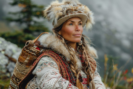 Cultural insight: portrait of a shaman, reflecting authenticity and intimate relationship with nature, spiritual healing, timeless knowledge that embodies shamanic way of lifeの素材