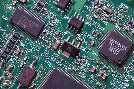 Circuit board with microchips. Close-up.