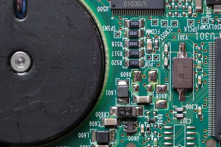 Circuit board with microchips. Close-up.