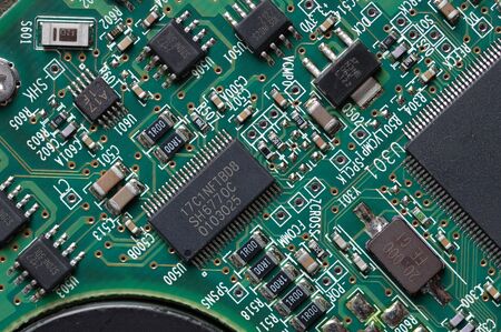 Circuit board with microchips. Close-up.