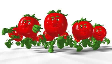 Group of running tomatoes. 3D render.の写真素材