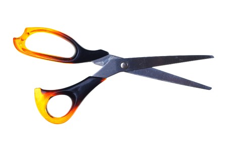 Sewing scissors isolated on the white. Old and used.の写真素材