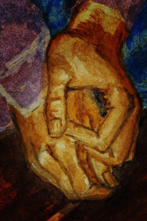 Man hands. Watercolors paint on the white paper. Handmade. Illustration.の写真素材