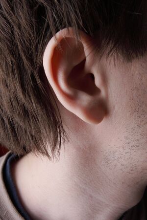 Unshaven men in casual wear posing in the studio. Side-face fragment. Ear.の写真素材