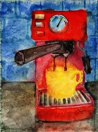 Coffee machine making hot espresso  Watercolor illustration の写真素材