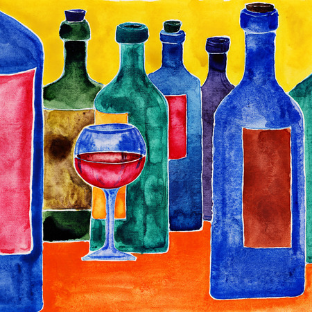 Glass of wine among wine bottles. Watercolor illustration.の写真素材