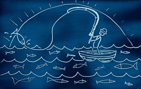 Fishing. Hand drawn with felt pen on aged paper.の写真素材