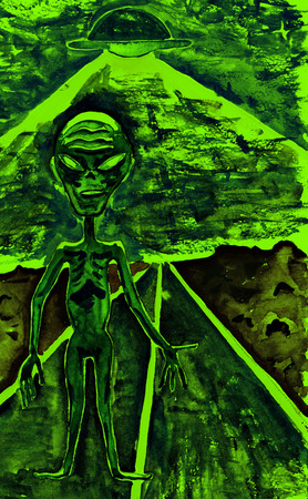 Alien on the road. Watercolor painting on white paper.の写真素材