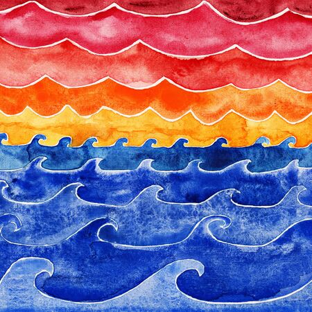 Ocean waves under big clouds. Watercolor illustration.の写真素材
