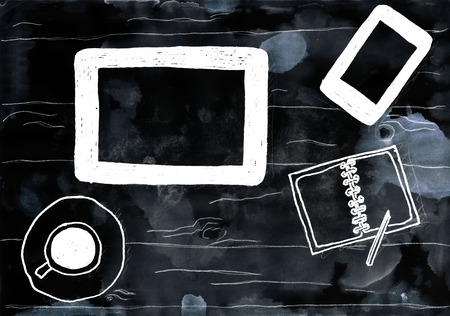 Working desk. Mixed media artwork. Hand drawn. Grunge style.