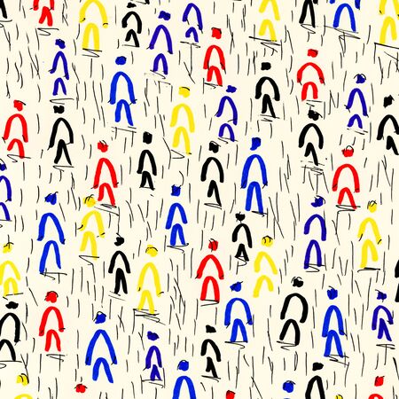 People in rain. Mixed media artwork. Felt pen and ink on paper. Abstract background.の写真素材