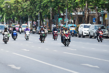 BANGKOK, THAILAND - AUGUST 15, 2016: Transport on noisy and colorful life-filled streets of Bangkok.のeditorial素材