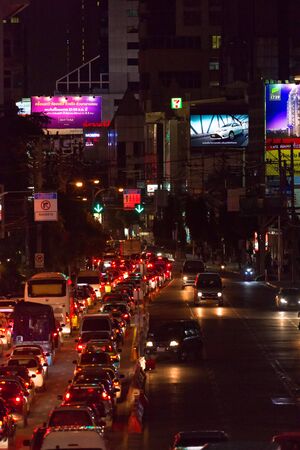 BANGKOK, THAILAND - AUGUST 25, 2016: Road traffic in night time on the street in downtown of Bangkok.のeditorial素材