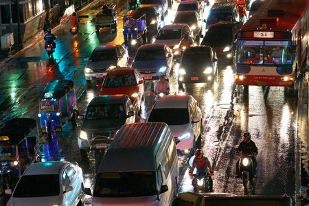 BANGKOK, THAILAND - July 7, 2017: Road traffic in Bangkok downtown. Noisy and colorful vehicles on...