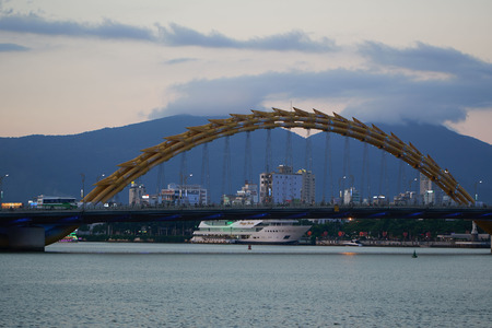 DA NANG, VIETNAM - AUGUST 8, 2017: Beautiful view of the Han River in Da Nang city at night time.