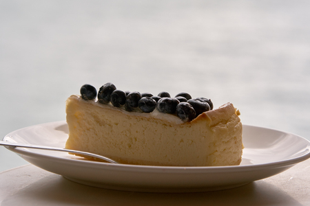 Delicious blueberry dessert cheesecake on a plate.の写真素材