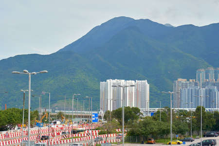 HONG KONG - SEPTEMBER 6, 2017: Condominiums near HK Airport (HKG) - Chek Lap Kok.のeditorial素材