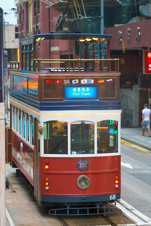 HONG KONG - July 2, 2018: Double decker tour tram with open top. Tourist attraction in Hong Kongのeditorial素材