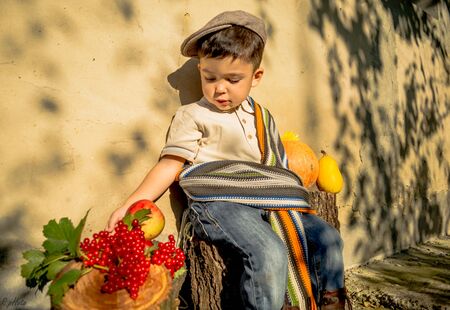The boy is sitting at the house and looks at the vegetables.のeditorial素材