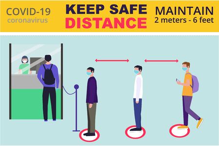Social distancing and coronavirus covid-19 prevention: maintain a safe distance from others in public offices and banks. Preventive measures. Can used for banner, website design, social media.のイラスト素材