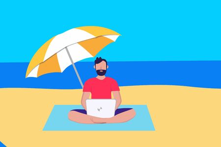 Stay home. Freelance and telework or studying concept. Man sitting on sofa and working on laptop at home in modern interior. Vector illustration in flat style. For web banner, social media, poster.のイラスト素材