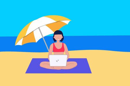 Freelance, social distance or studying concept. Man freelance remote working place using laptop on the beach during summer vacation. Flat Vector Illustration. For web banner, poster, social media.のイラスト素材