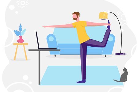 A man practicing yoga at home with a tv lesson. Concept of online education, practicing yoga, live stream. Home activity vector illustration. For web banner, poster, social media. Stay a home.のイラスト素材