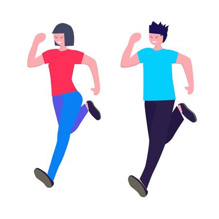 Sport, jogging, fitness, training, healthy active lifestyle concept. Happy man and woman running. Vector Illustration in flat style for marathon, city run, training, cardio exercising.のイラスト素材