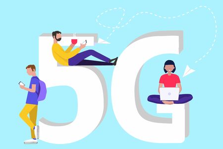 Concept of high speed wireless connection 5G via mobile smartphone, laptop. Flat people with gadgets sitting on the big 5G symbol. Can used for banner, website, social media, landing web pageのイラスト素材