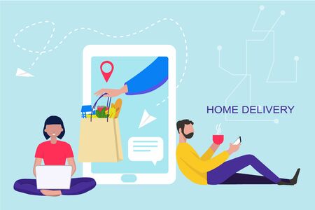 Delivery online. Man and woman orders food online. Vector illustration in flat style. Delivery and shopping by smartphone concept. Can used for banner, website design, landing web page, social mediaのイラスト素材