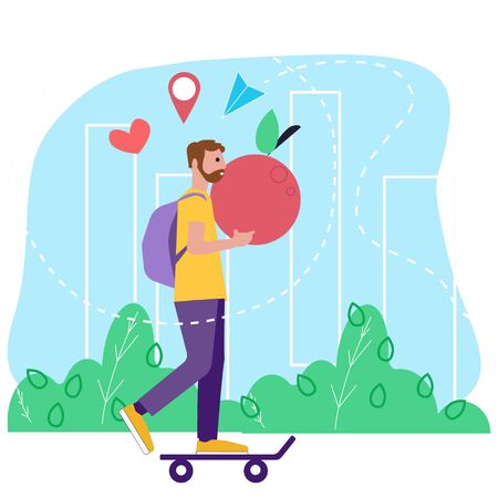 Food delivery. Delivery man riding courier riding a skateboard delivers food on the city. Vector illustration in flat style. Can used for banner, website design, social media, landing web pageのイラスト素材