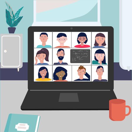 Online Education. Laptop with avatar student, teacher. Online class, emergency shcool. Stay school learn study from home via teleconference, web chat during Coronavirus. Flat Vector Illustration.のイラスト素材