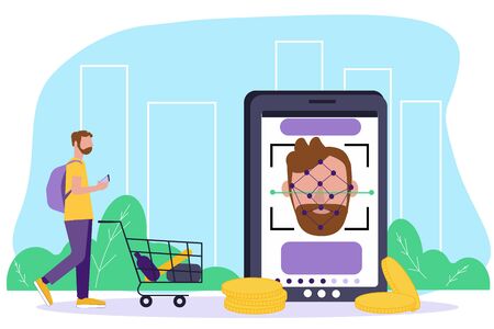 Face payment. Smartphone scans man face, man use facial recognition application to login to system to buy. Payment using Face Recognition, Biometric Identification Concept. Vector on city backgroundのイラスト素材